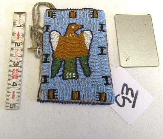 Mirror bag: Plains fully beaded 5(both sides) x 3 1/4" mirror bag with mirror and eagle pictorial, good cond