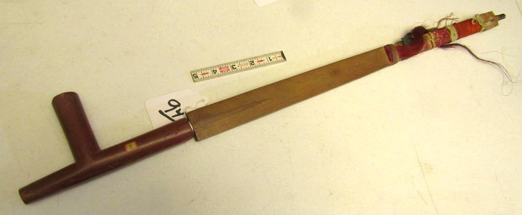 Pipe: Sioux 28" pipe with 7" catlinite pipe bowl, quilled, horsehair and cloth decorated, with display stands, good cond