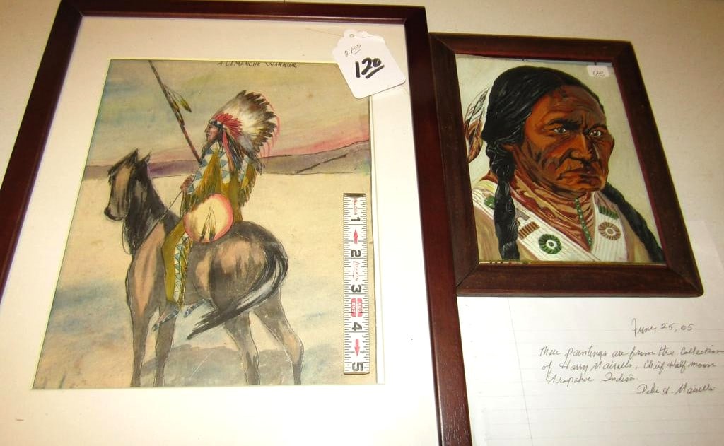 2 paintings: 2 pc knives incuding 15 x 12" painting of Sitting Bull (see back) and painting or pencil drawing of Comanche Warrior, good cond