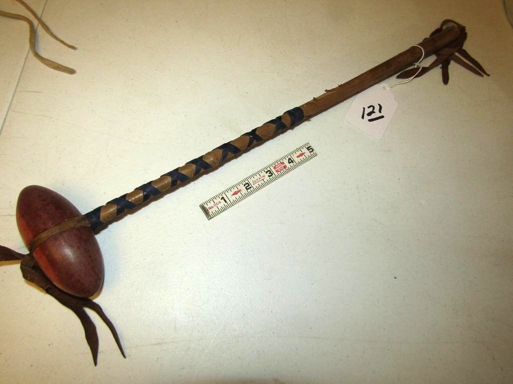 Club: Sioux 20" club with 4" catlinite head, hide wrap, sinew sewn, good cond