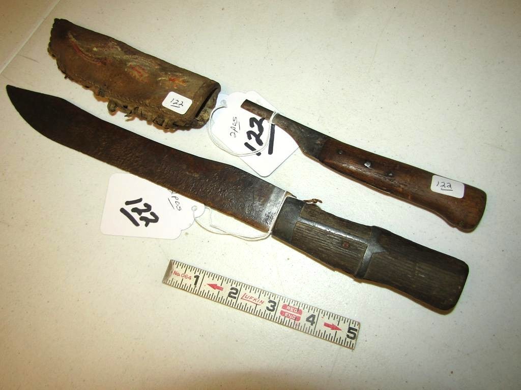 2 pc knives: 14" knife with pewter inlaid handle, small 6" quilled knife case with knife, most of quilling missing from use,