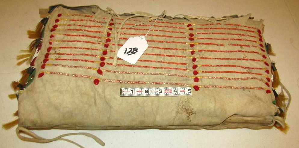 Possible bag: Sioux bead/quilled hide possible bag, 20 x 11", minmal quill loss, cones, horsehair sinew sewn, beautiful possible bag, great cond