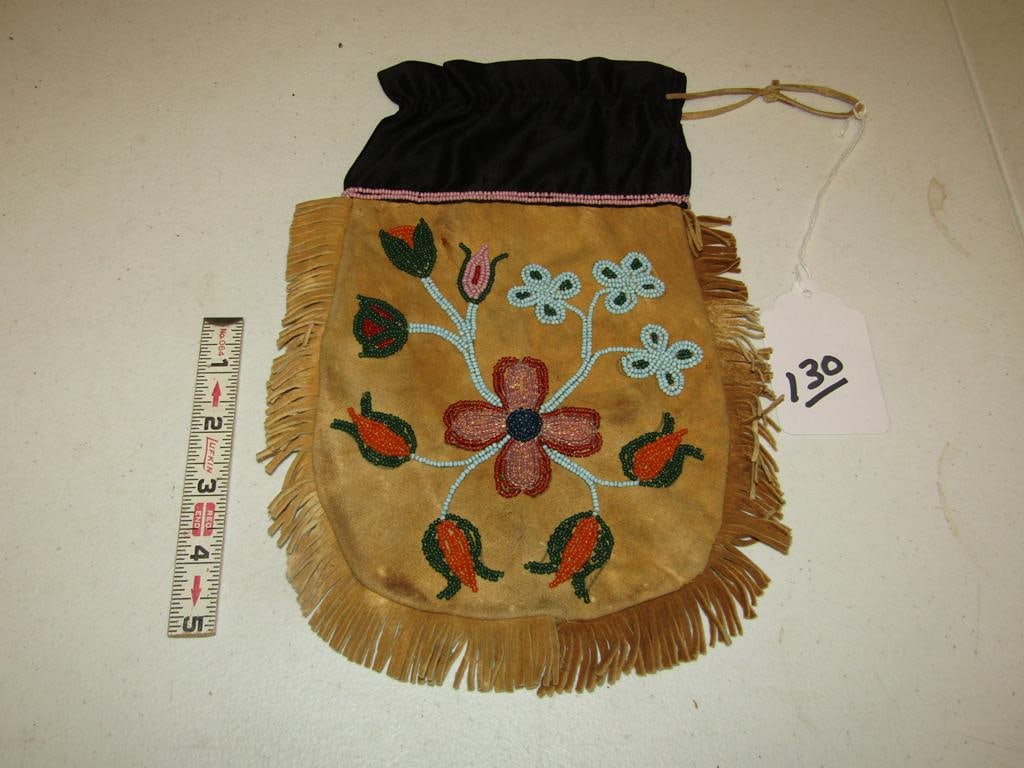 Bead bag: Great Lakes hide beaded (both sides) floral design bag, silk top, hide fringe, good cond