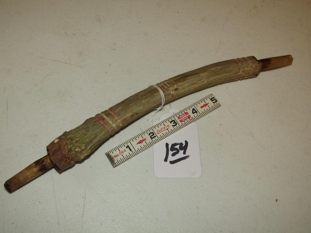 Pipe stem: 12" notched and carved and drilled antler pipe stem, good cond