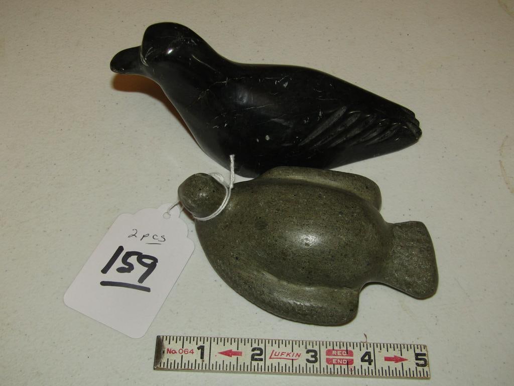2 Soapstone items: 2 Northwest Coast soapstone bird figures largest 6 1/2", good cond