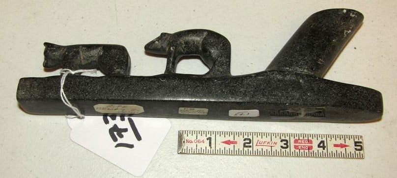 Pipe bowl: Large Bear effigy 9" steatite pipe bowl, good cond