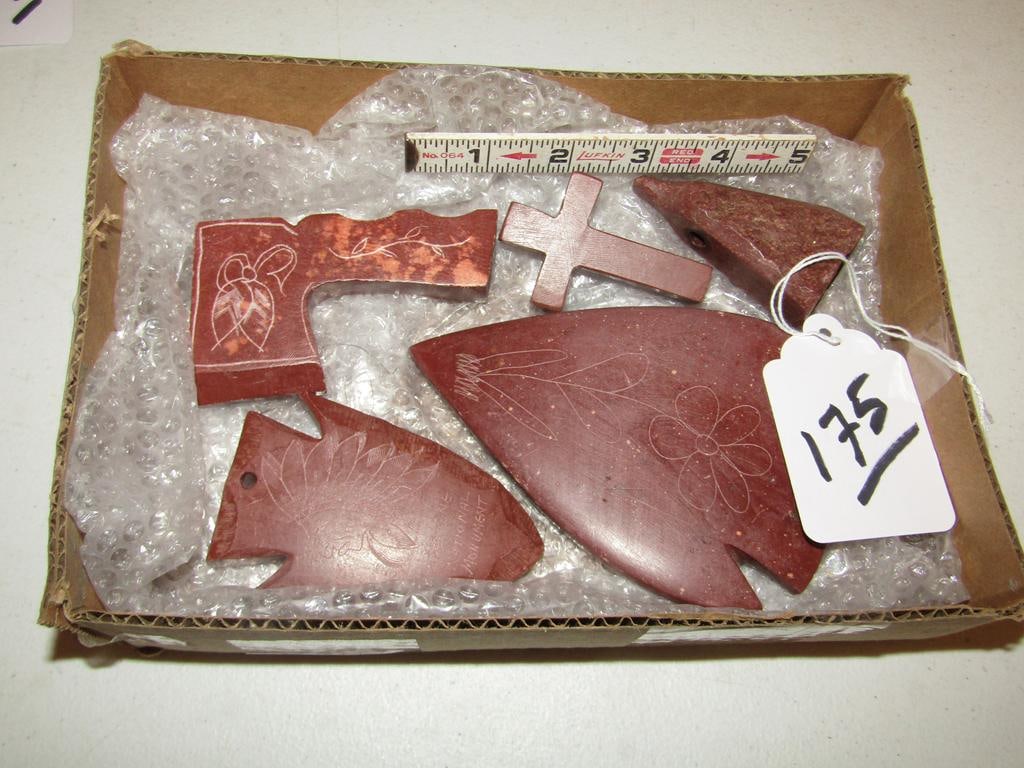 5 pc catlinite: Box with 5 pc catlinite items, largest 5 1/2" arrowhead