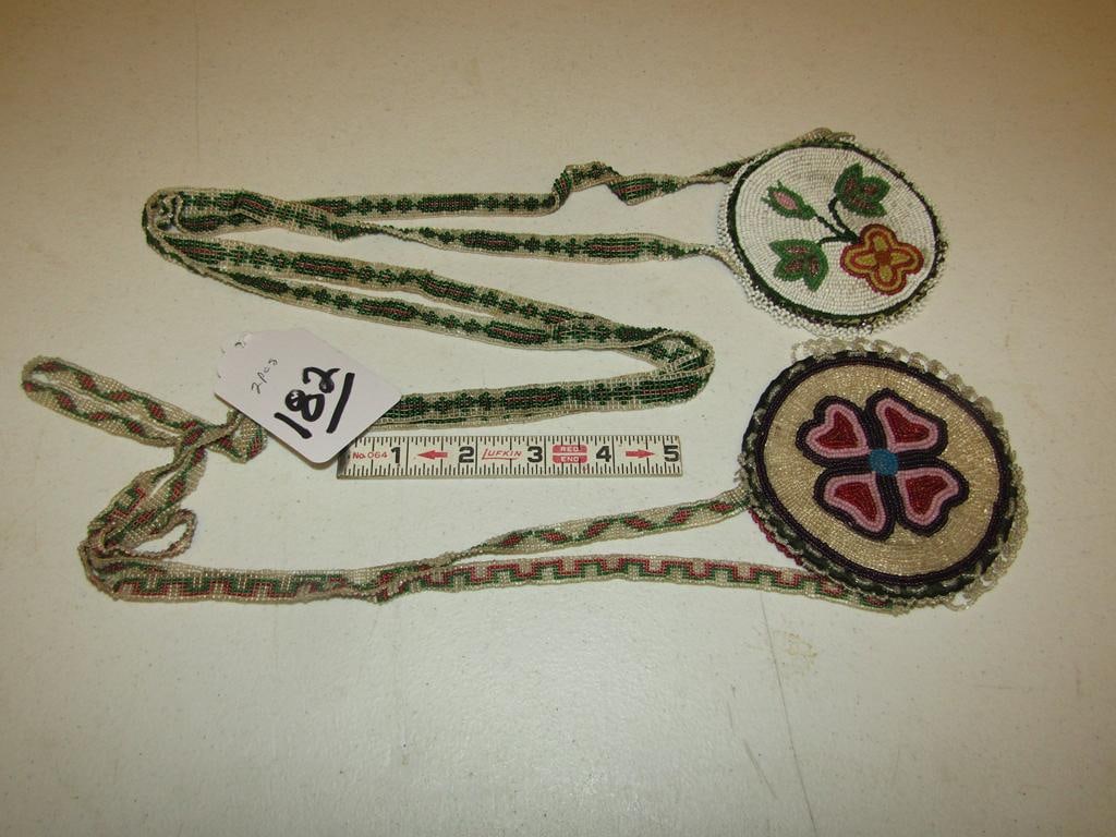 2 necklaces: 2 Great Lakes loom beaded necklaces with large beaded pendants, good cond