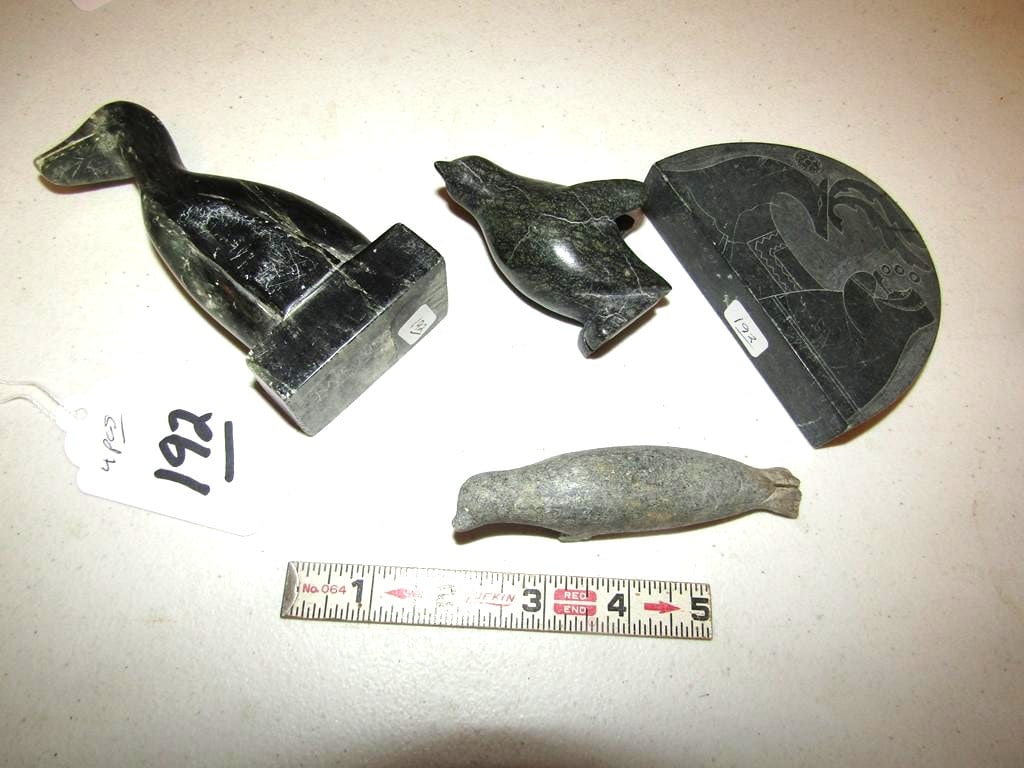 4 pc soapstone: Box with 4 pc carved soapstone items..largest is 4 3/4", good cond