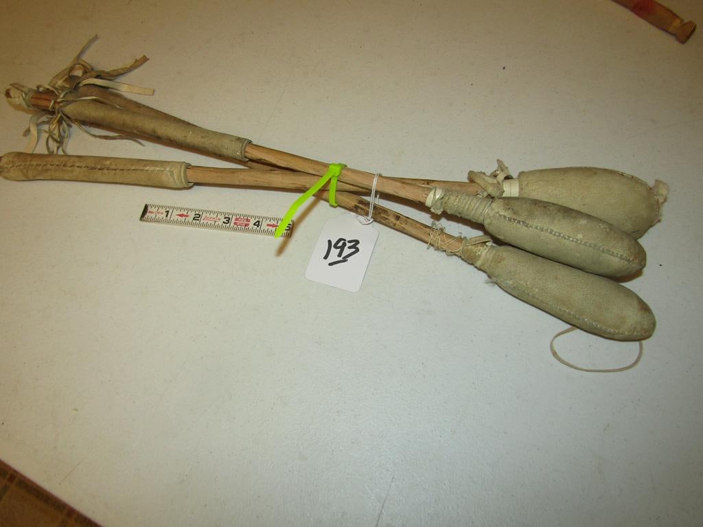 3 drum sticks: 3 hide covered and sinew sewn drum sticks, avg 22" in length, good cond