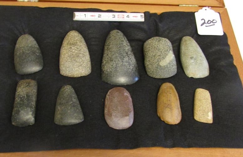 10 pc celts: Wood case with 10 pc celt collection, largest is 4 1/2"