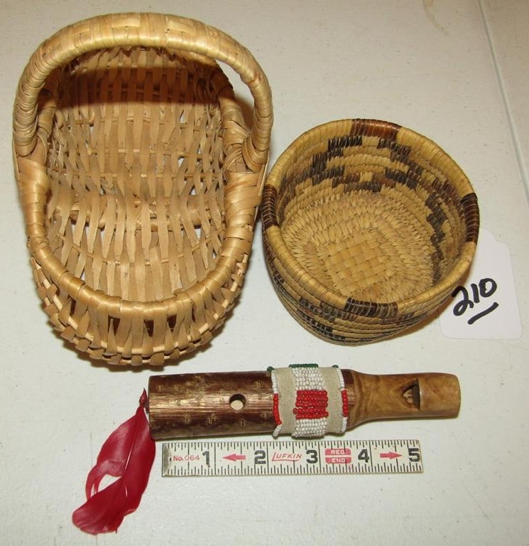 3 pc misc: 3 pc misc 2 baskets and beaded bone whistle, good cond