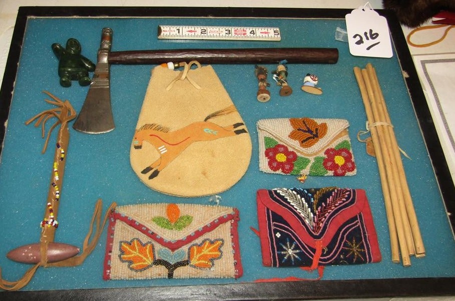 11 pc misc: Large display with 11 pc misc items including 10" childs pewter headed tomahawk, all good cond