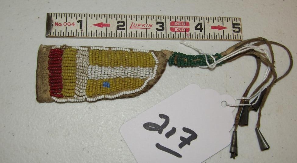 Knife case: Sioux small 5" including cone tassels, sinew sewn, good/ very good cond