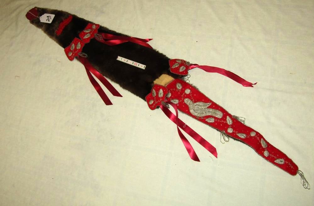 Otter Bag: Eastern Winnebago 50" otter beaded bag, red wood tail, bird pictorial ribbon work, good/very good cond