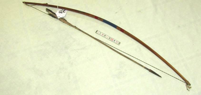 Bow/arrow: Plains 35" wood painted bow with 25" arrow with metal point, good cond