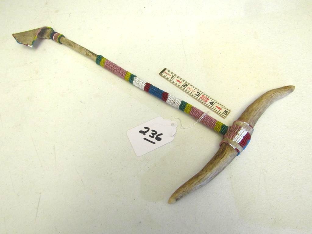 Dance club: Sioux 16" horn head beaded dance club, yellow ochre sinew sewn, good condd