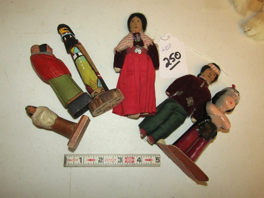 6 dolls: Box with 6 pc Indian dolls, wood carved, cloth and 1 plastic, good cond