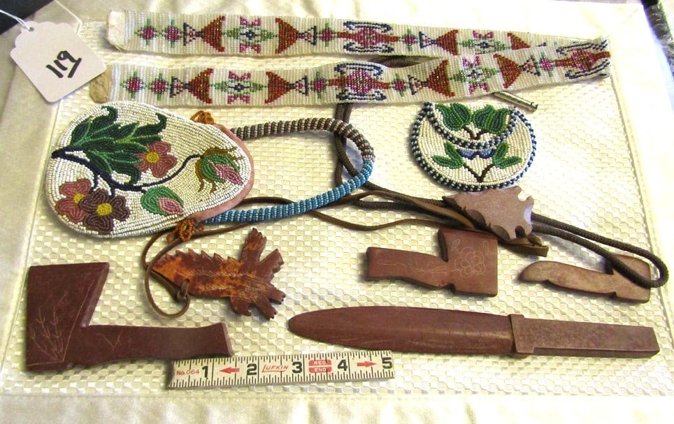 9 pc misc: Large display with 9 pc misc catlinite and beaded items, largest is 30", good cond