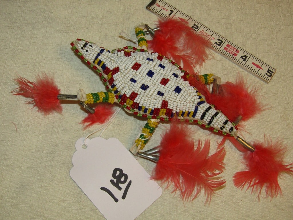 Amulet: Sioux 6" fully beaded turtle amulet, cones and feathers, sinew sewn good condiition,