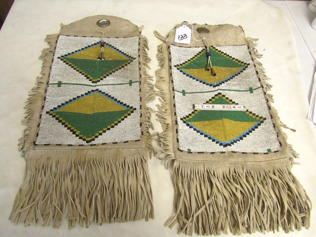 2 bags: Pr Sioux full beaded bags made from leggings, brain tanned, Buffalo hide, 25 x 13", sinew sewn, good condition,