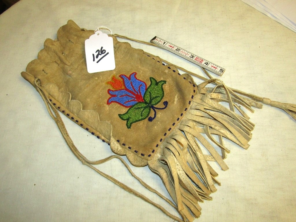 Bead bag: Plateau hide flpral brain tanned bag, 13" x 6", good condition,