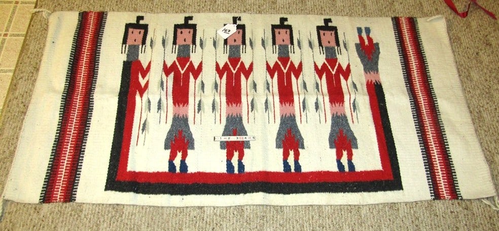 Textile, Yei: Southwest Yei pictorial textile, 58 x28", good condition,