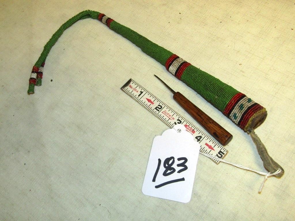 Awl case: Plains fully tiny beaded awl case, 15" including tassels, sinew sewn, with awl, good condition,