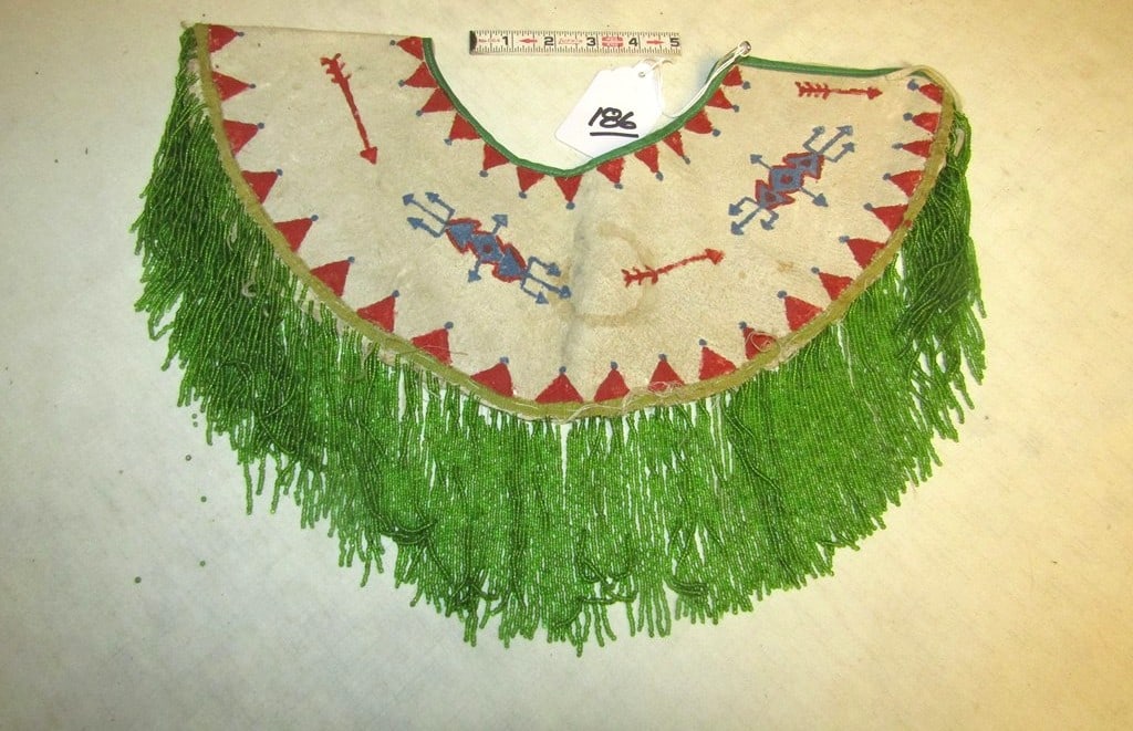 Collar: Apache painted and collar with long beaded fringe, brain tanned, 18", good condition,