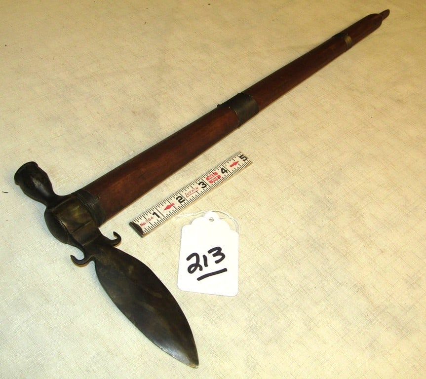 Pipe tomahawk: Plains 19" wire and tack decorated pipe tomahawk with 7 1/2" pipe bowl, stem appears plugged, Fair to good condition