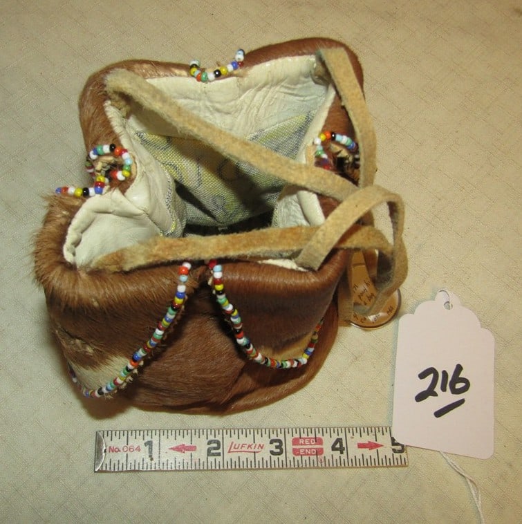Bead bag: Sioux pony hide beaded bag, 5 x 4", 4 tabs, cloth lined, with information, good / very good condition