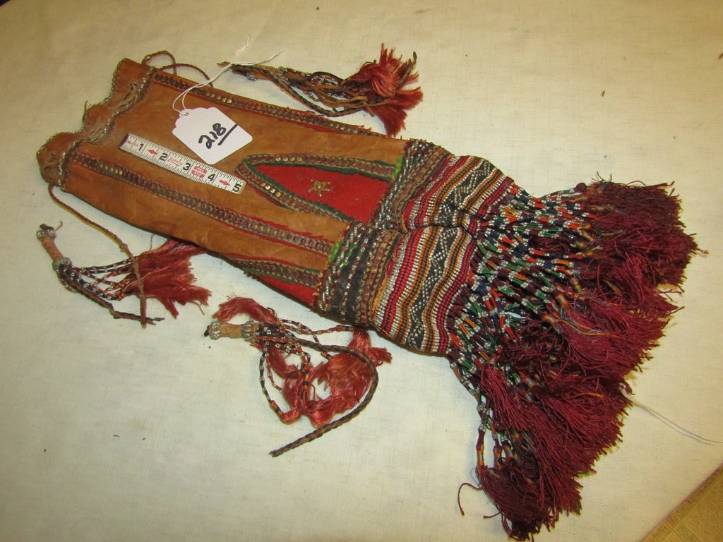 Bead/pewter bag: Mesquakie 19" incl tassels hide bag, small light colored pewter wrapped beads, except for missing tassels good condition