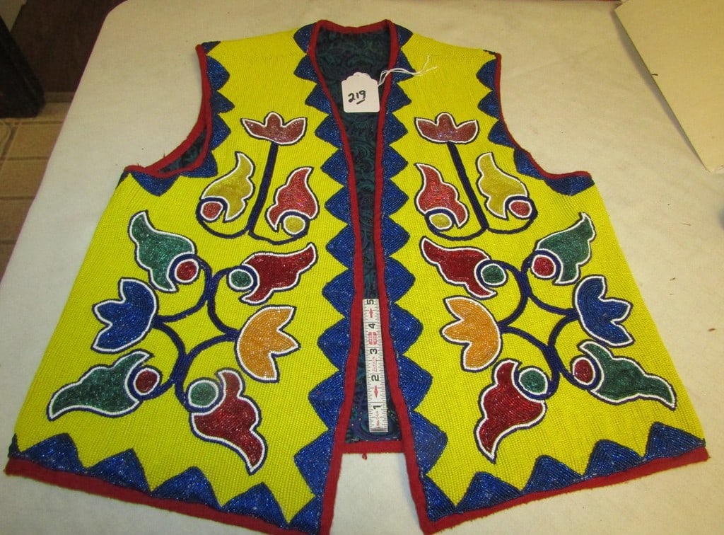 Bead vest: Mesquakie fully beaded adult vest, 25" x 22", cloth lined, excellent condition