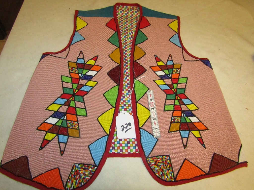 Bead vest: Mesquakie fully beaded adult vest, 25" x 21", cloth backing, excellent condition