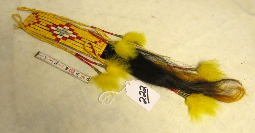 Hair ddop: 20" porcupine quilled hair drop, human hair with feather and cone tassels, tourist trade, marked '96, very good condition
