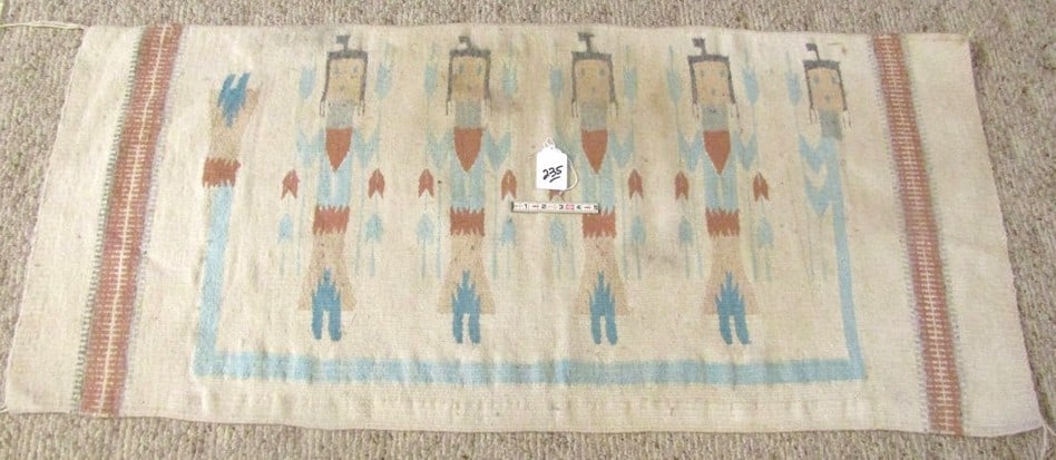 Textile: Southwest Yei pictorial textile, 60 x 25", faded and stains, fair condition