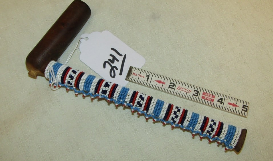 Pipe: Wood pipe bowl with later stem beadwork, 9", Good condition