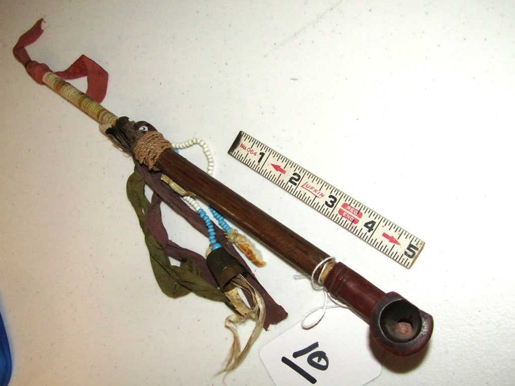 Pipe: Small Plains 13" pipe with quilled stem, bead and ribbon tassels, catlinite pipe bowl, good condiiton, Beranek Collection