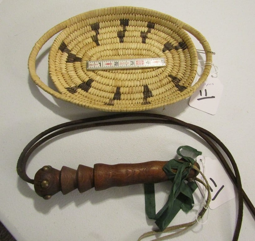 2 pc misc: 2 pc misc 11" Papago tray and later Plains wood carved quirt with tacks, good condition