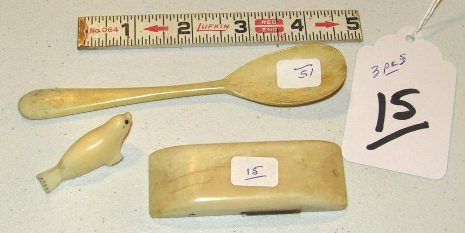 3 pc NWC: 3 pc Northwest Coast items, largest is 5 1/2" spoon, all good condition