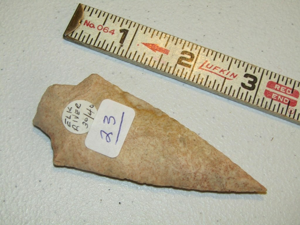 Point: 3 3/8" Elk River point, Cook collection, not examined for coa