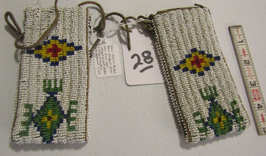 Arm bands: Pr Sioux full beaded arm bands, 5 3/4" with tag, sinew sewn, good condition