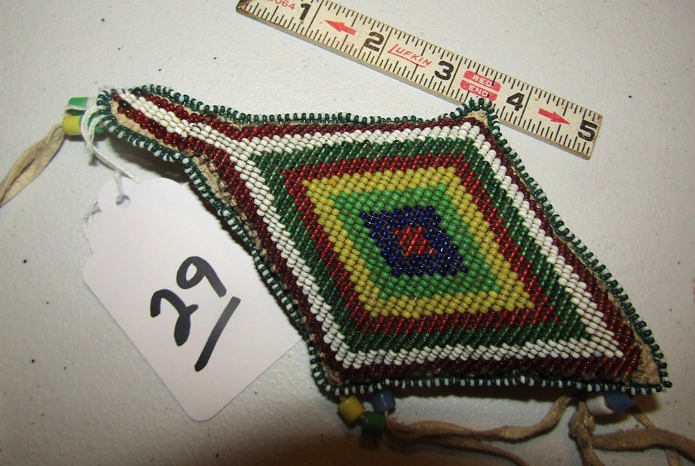 Fetish: Sioux 6 1/2" full beaded turtle effigy umbilical cord fetish, very good, sinew sewn, very good condition