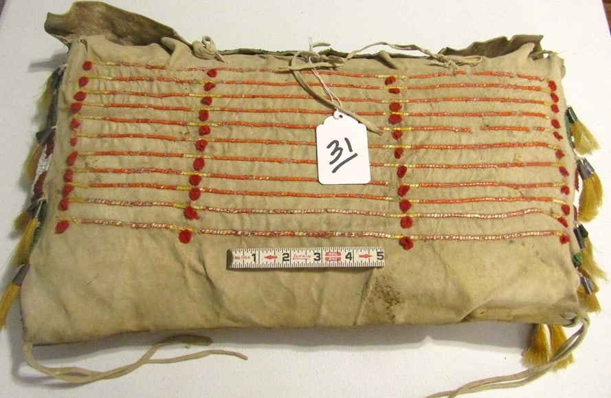 Possible bag: Large Sioux bead and quilled possible bag, 12" x 3", sinew sewn, cone and horse hair tassels, hide ties, brain tanned, very good condition