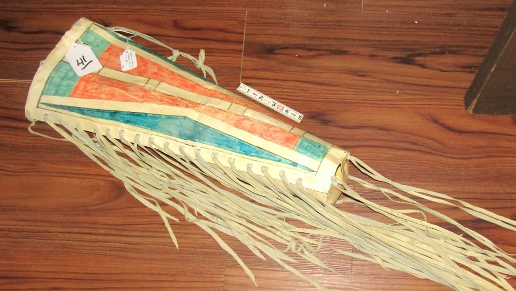 Quiver: Cheyenne painted parflethe quiver with long hide fringe, good condition