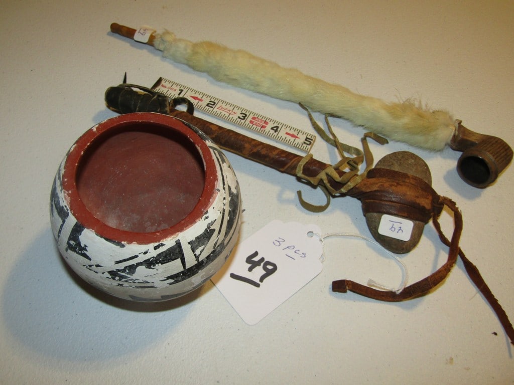 3 pc misc: Acoma jar with 9" child's stone headed war club, 12" colonial pipe bowl with fur covered wood stem, good conditon, New Hampshire collection