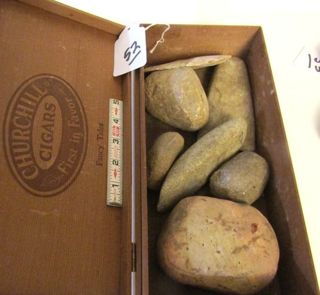 7 pc stone: Wood cigar box with 7 pc stone items, Cook collection, not examined for coa