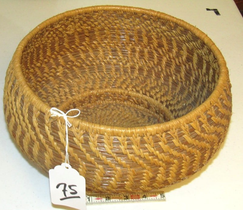 Basket: Large Cherokee pine needle footed basketry bowl, 12 x 7", very good condition