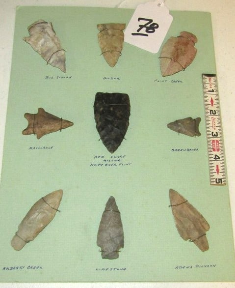 9 points: Display card with 9 pc points with info, largest 3", Cook collection, not examined for coa