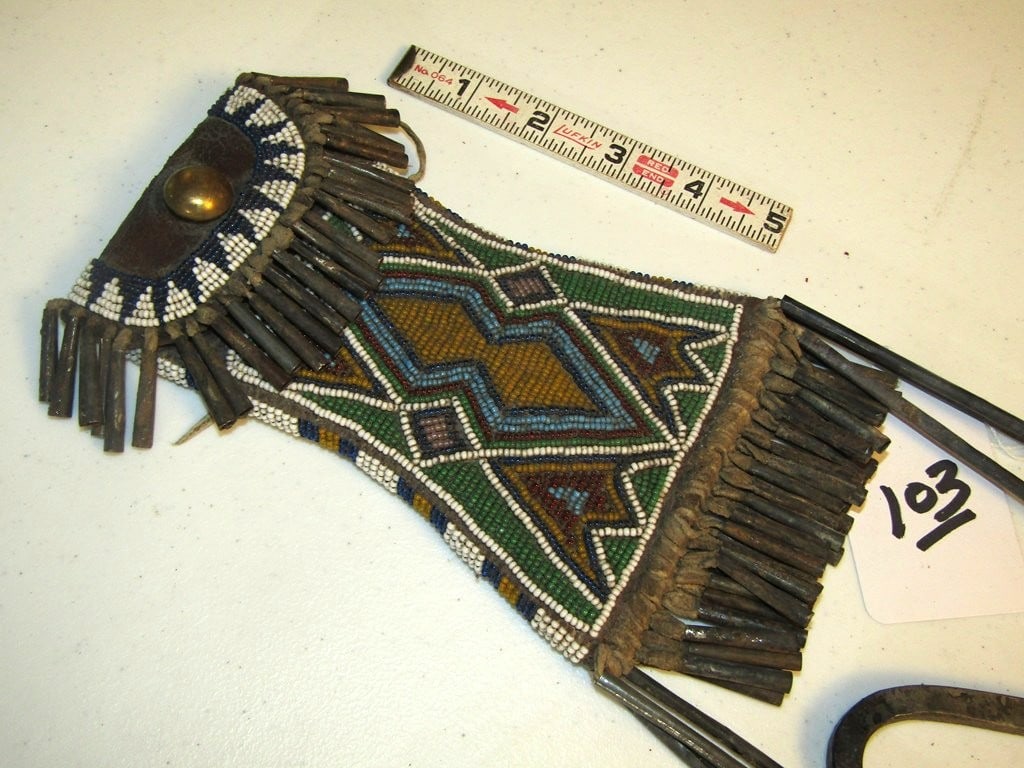 Strke a lite: Kiowa beaded strike a lite bag, 17 x 4" including tin cone tasels, good condition, Beranek colletion